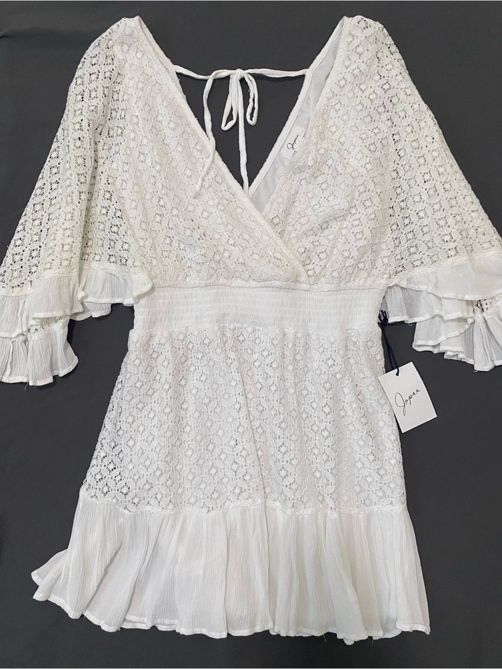 Japna White Lace V-Neck Ruffle Mini Dress